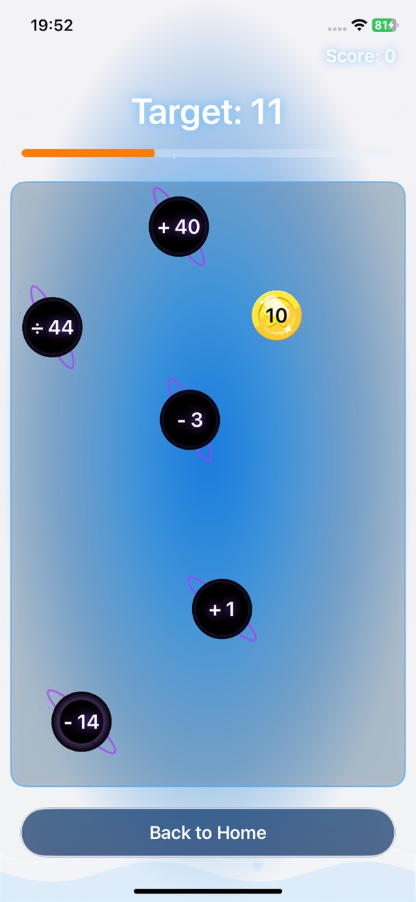 Gameplay screenshot showing math challenge